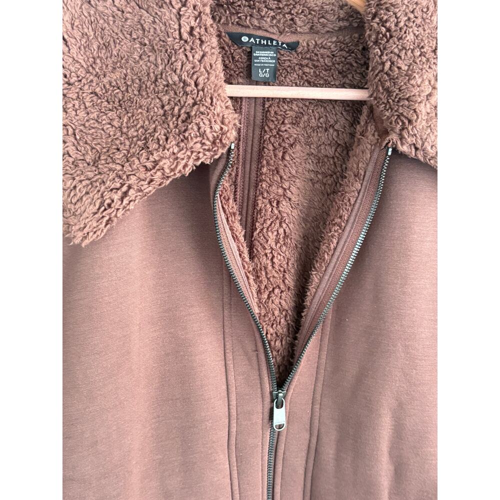 Athleta Westbound Sherpa Jacket L Brown Fleece Bomber Zip Coat Western Boho - Picture 9 of 9